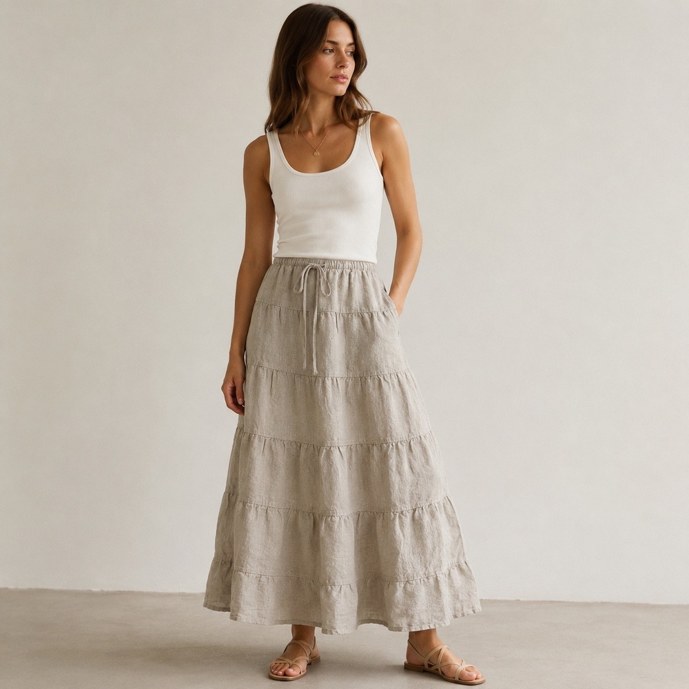 Wilfred Aritzia Tiered Maxi Skirt Women Size S Beige Linen Cotton Lined 125503